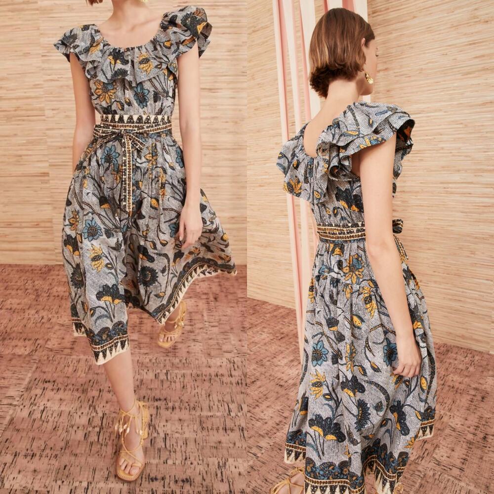 Ulla Johnson Amira Ruffled Neckline Midi Dress Portofino Floral Size 4 Preowned